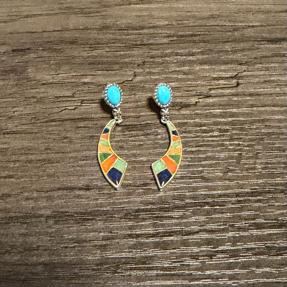 Carolyn Pollack Silver Turquoise Southwestern Bright Inlay Drop Earrings Womens